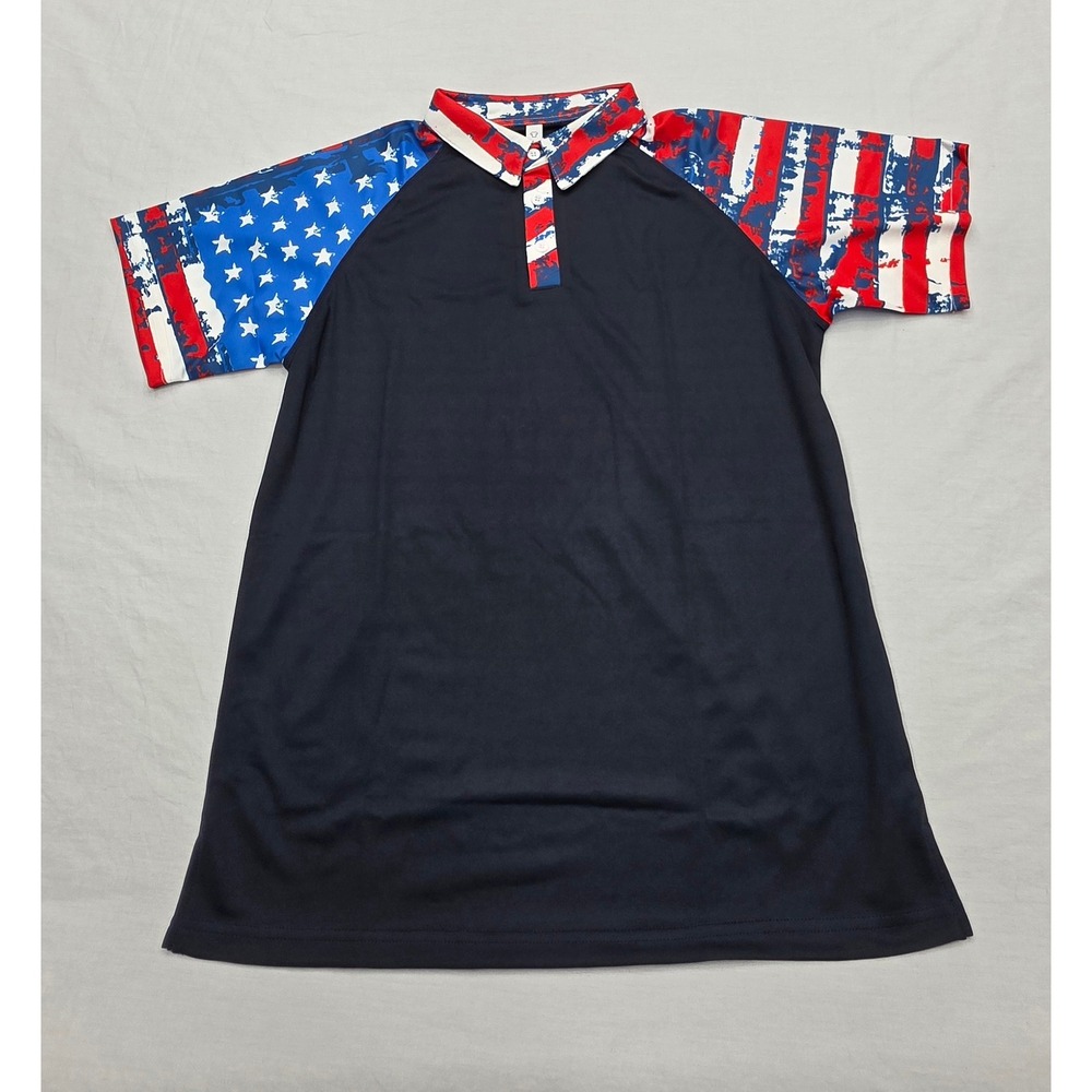 Unbranded Mens Patriotic American Flag Polo Shirt Navy Blue Stars Stripes Med